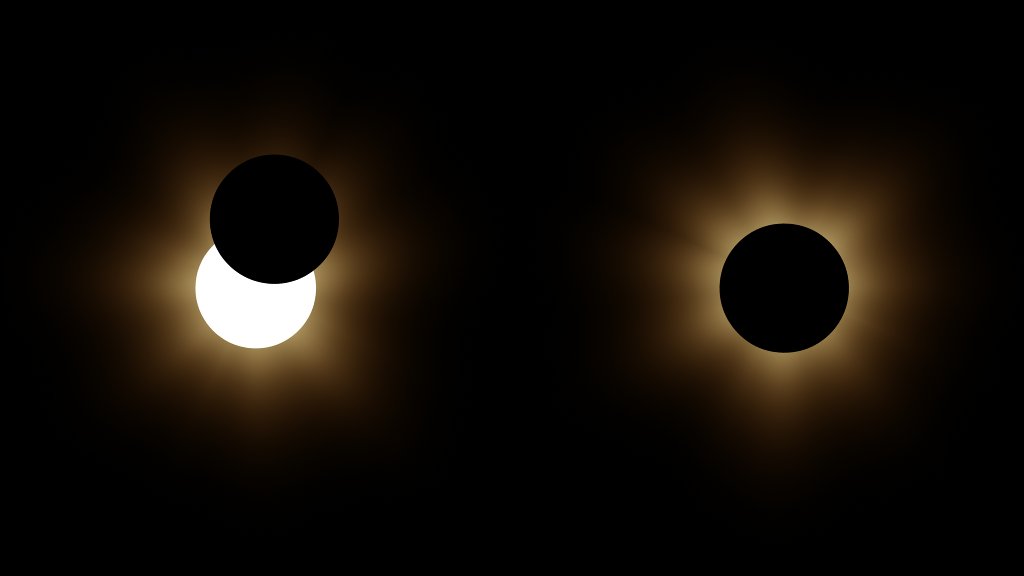 The left side shows the Sun partially obscured by the Moon. The right side shows the Sun completely obscured by the Moon, but the Sun's corona remains visible.