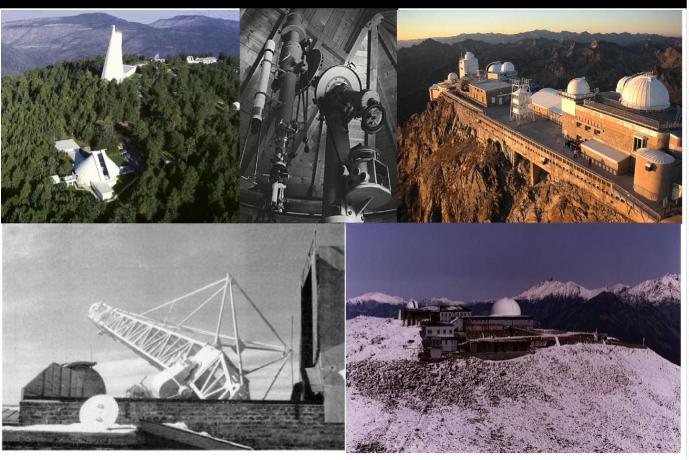 A collection of photographs. The Norikura Solar Observatory appears from the perspective of someone at high elevation. Two other photgraphs are two pieces of equipment used by the observatory.